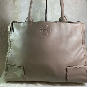 EUC🔥Tory Burch ELLA Leather and Canvas French Gray Tote, Style #41159501-036